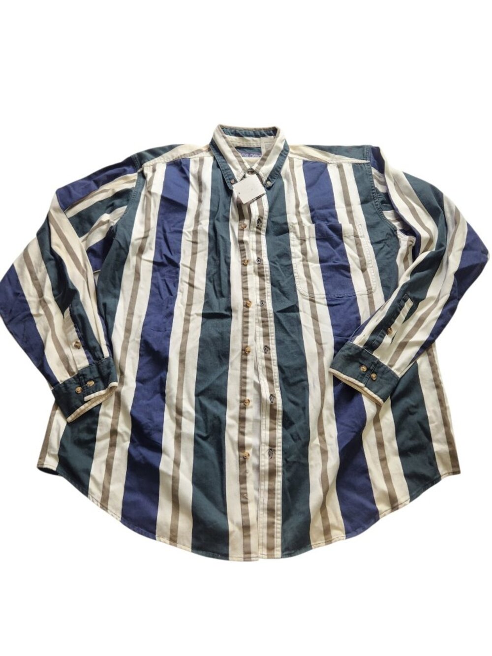 Vintage 90s Streetwear Mens XLT Blue Green Striped Denim Button Down Shirt